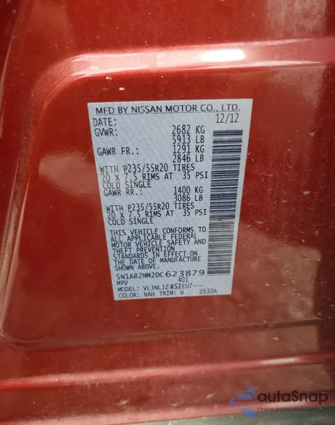 2013 Nissan Pathfinder S z USA, uszkodzony, nr VIN 5N1AR2MM2DC623879